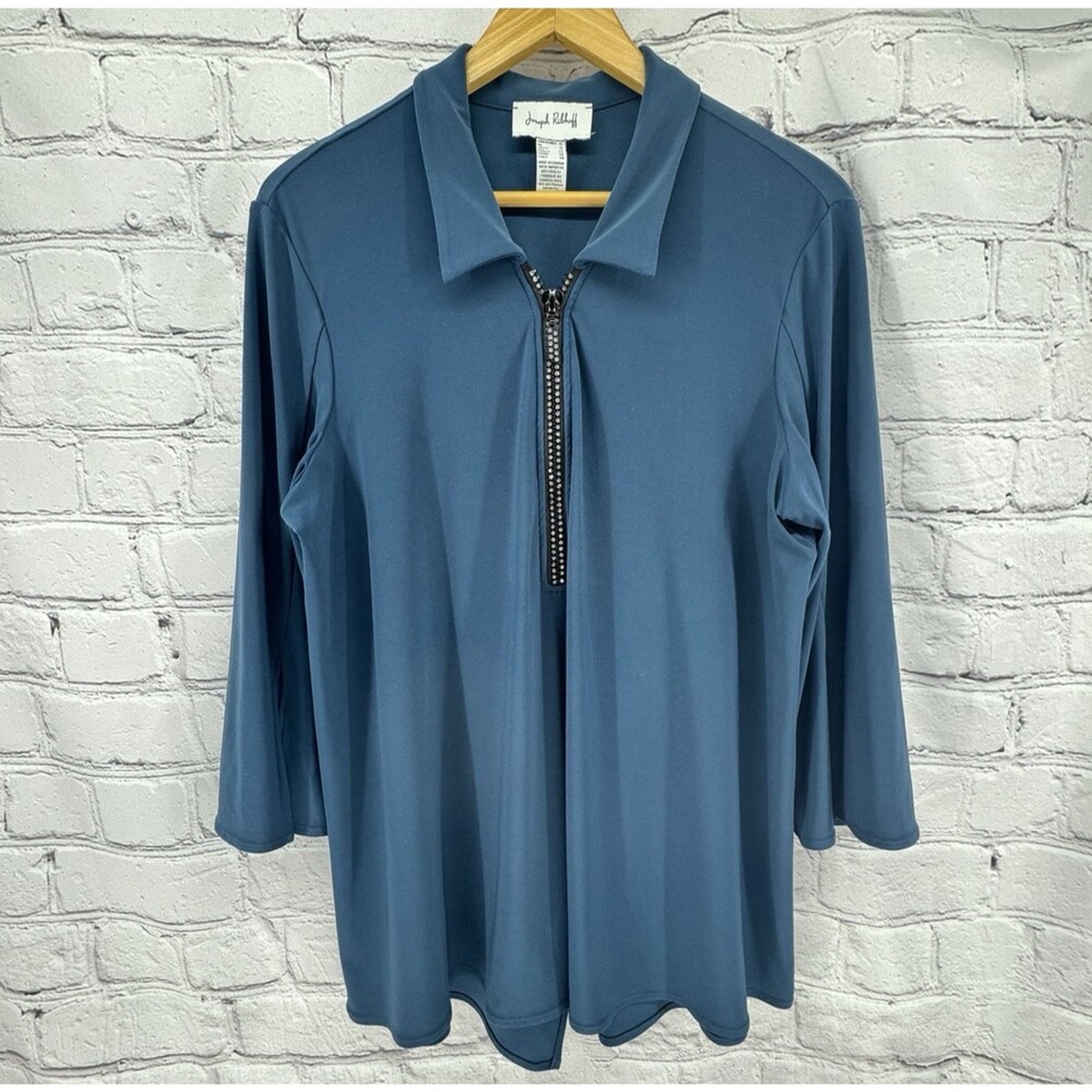 Joseph Ribkoff Top Women's 14 Blue Blouse w/Crystal Zipper Criss Cross Back